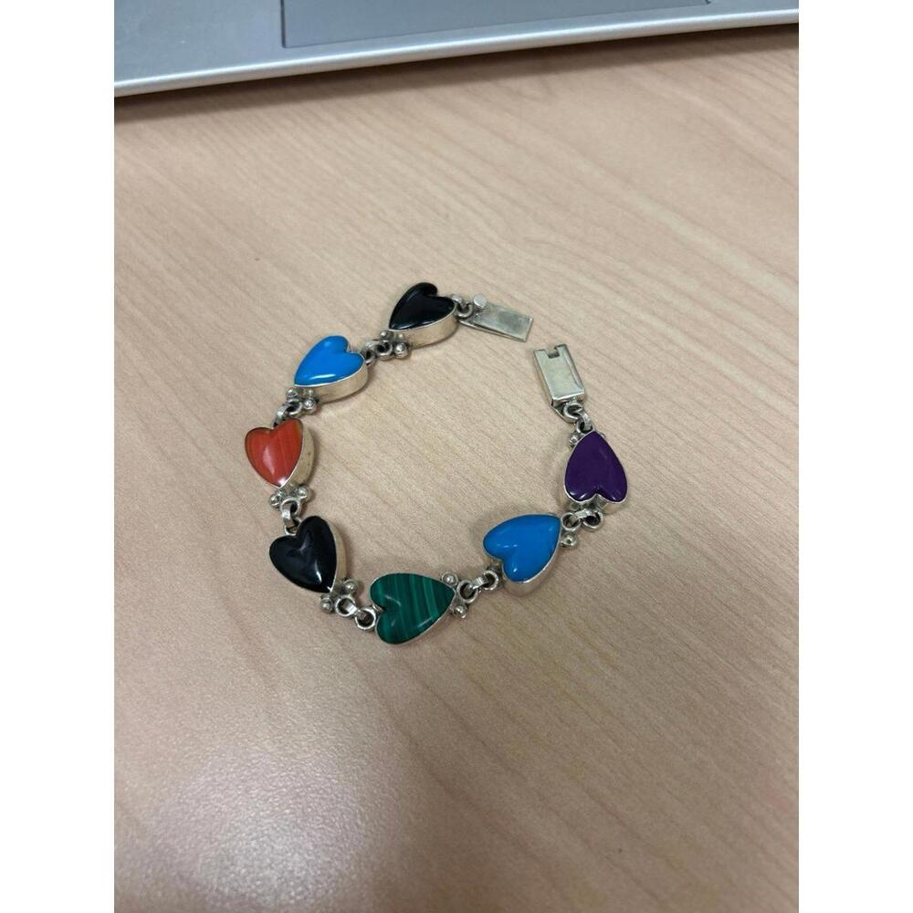 Mexico Sterling Turquoise/ Lapis Chunky Thick Multi Stone Heart Bracelet